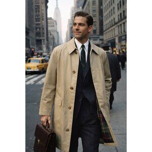 VTG 60s L Plymouth Mens Overcoat Trench Coat Beige Plaid Lining EUC